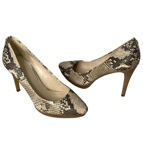COACH Giovanna Platform Snake-skin Print Pumps Stacked Heels Tan Grey Size 7 - Picture 2 of 11